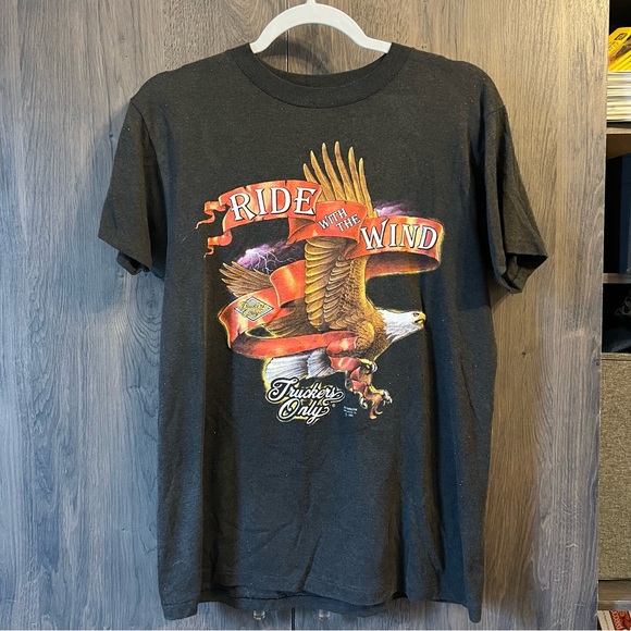 Vintage 1991 “Ride With The Wind” Truckers Only 3D Emblem Single Stitch T-Shirt - Picture 1 of 7